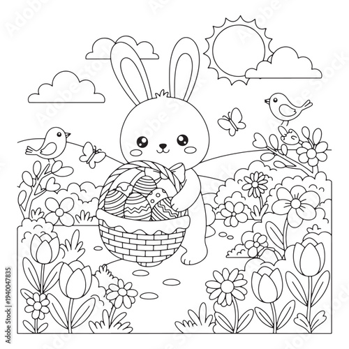 Cute Easter Bunny Coloring Page with Basket of Eggs for Kids
