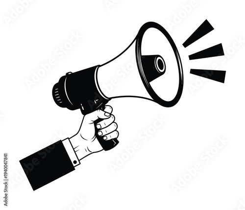 Hand holding a vector of a megaphone with sound waves