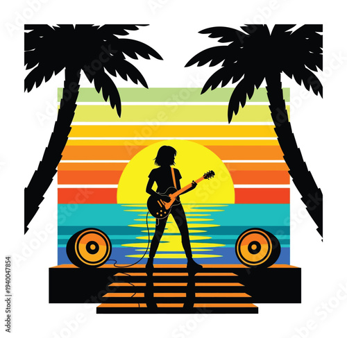 Vibrant vector of a silhouetted musician playing an electric guitar on a tropical beach stage at sunset