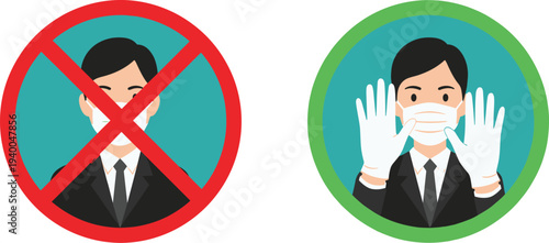 Vector illustration showing correct protective behavior with mask and gloves versus incorrect mask only, health safety guideline icons for workplace