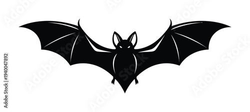 Vector of a black bat in flight with widely spread wings against a white background