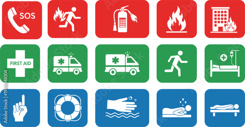 Emergency and safety vector icons including fire extinguisher, SOS phone, ambulance, first aid, hospital care, life preserver, hygiene, and rescue