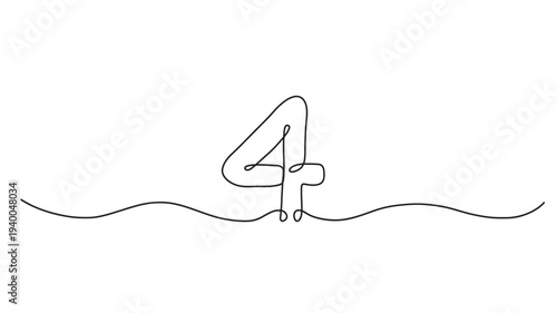 Number 4 icon with flowing wave, a minimalist continuous line art drawing symbolizing progression and simplicity.