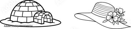 Coloring page igloo and cowboy hat illustration for kids