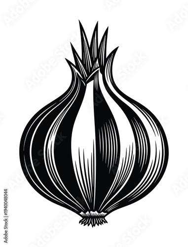 High-contrast vector drawing of a onion with long stems in an artistic style