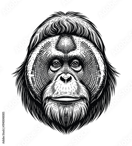 Vector of a mythical ape-like creature with intricate fur details and a contemplative expression