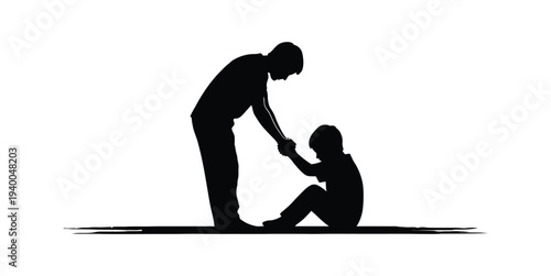 Vector silhouette of an adult helping a child stand up from the ground