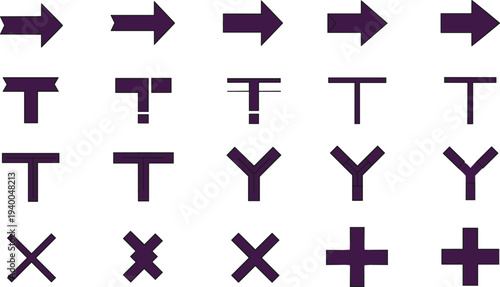 Dark purple vector grid of road intersection symbols including arrows, T junctions, Y junctions, and X shaped traffic planning icons
