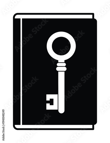 Vector of a closed book with a key icon prominently displayed on the cover