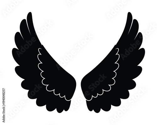 Pair of symmetrical vector wings with feathers and elegant contours
