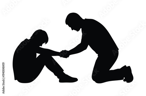 Vector silhouette of a man kneeling to console a seated distressed individual in a supportive gesture