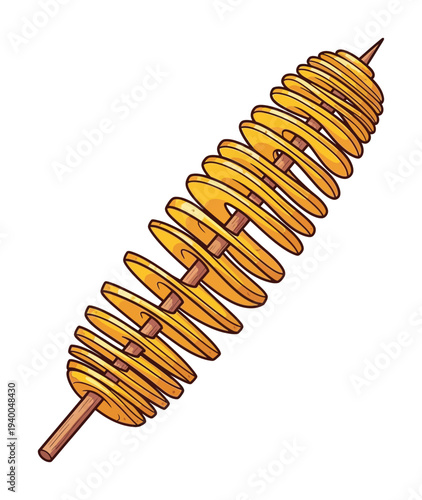 Golden, spiraled vector of a crispy potato on a stick, showcasing a visually appealing snack design