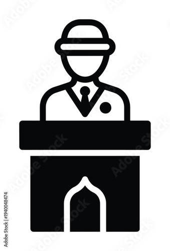 Vector of a man in formal attire with a blindfold speaking at a lectern