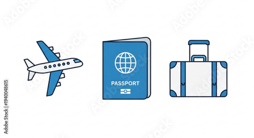 Travel essentials including airplane passport and suitcase for vacation or business trip planning