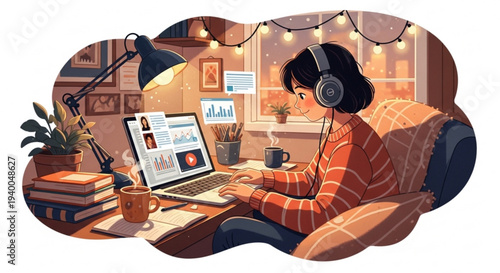 Woman wearing headphones working on laptop at cozy desk with books and coffee in warm lit home office space
