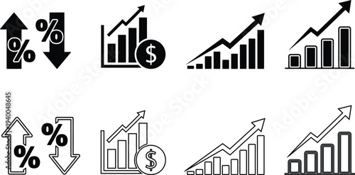 Vector graphics of business and finance icons with arrows and charts
