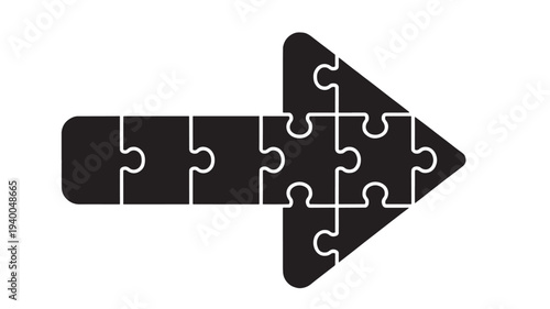 Arrow formed by puzzle pieces with smooth rounded edges and a clear black silhouette against a white background