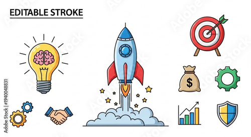 Business startup concept with rocket launching into the sky with lightbulb target money bag and other business icons around it