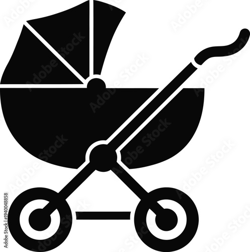 Black silhouette icon of a classic baby stroller or pram with wheels and canopy carriage transport