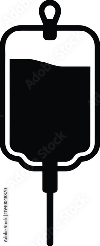 Black silhouette icon of an intravenous drip bag with fluid and tubing vector illustration