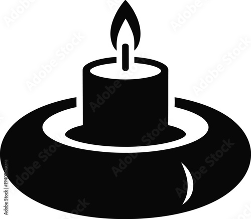 Black silhouette of a lit candle on a round base with a flame fire light