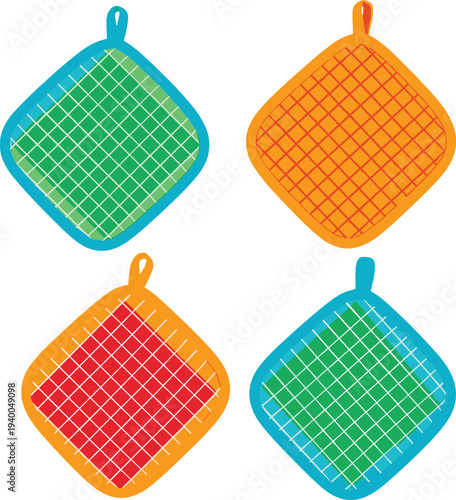 Set of four colorful quilted kitchen potholders in green red and orange isolated on white background for cooking baking and home safety.