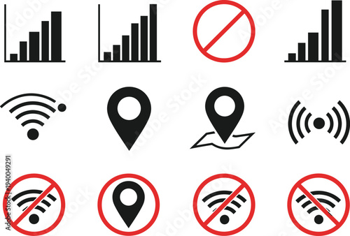 Set of connectivity icons featuring signal strength bars, Wi-Fi symbols, GPS location pin markers, and red prohibited signs for no internet or connection.
