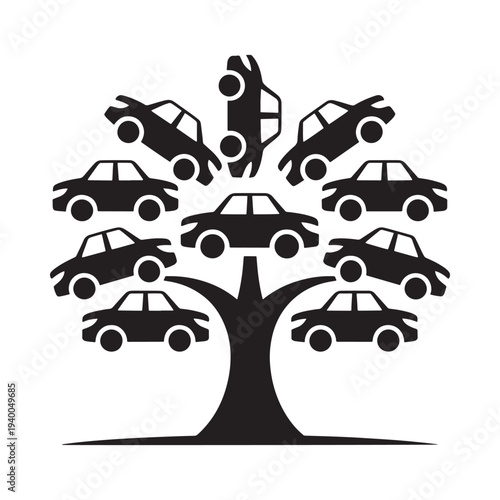 A stylized tree with cars growing instead of leaves in black