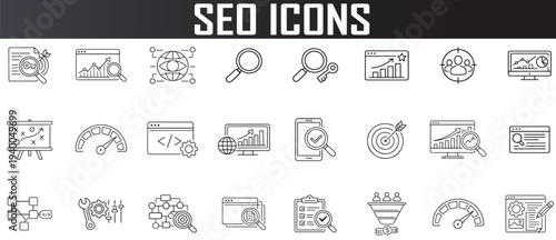 seo and digital marketing icon set, minimal outline search symbols