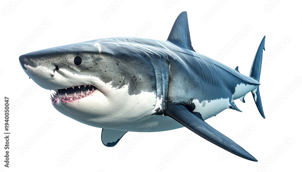 Obraz premium Large gray shark with open mouth and sharp teeth swimming... isolated on a transparent background