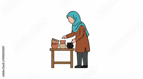 Woman Wearing Blue Headscarf and Brown Tunic Arranges Pottery on Wooden Table Isolated on White Background
