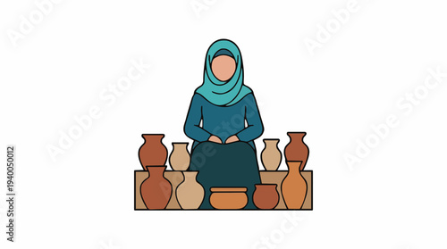 Woman Wearing Teal Hijab and Blue Dress Surrounded by Earthenware Pottery on a White Background Flat Illustration