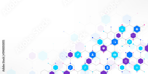 Medical background and healthcare technology with flat icons and symbols. Concept and idea for health care business, innovation medicine, health safety, science, medical research, and development.