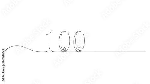 Number 100 rendered as a continuous black line, abstract minimalist graphic design, symbolic count. featuring one hundred, counting, figure with