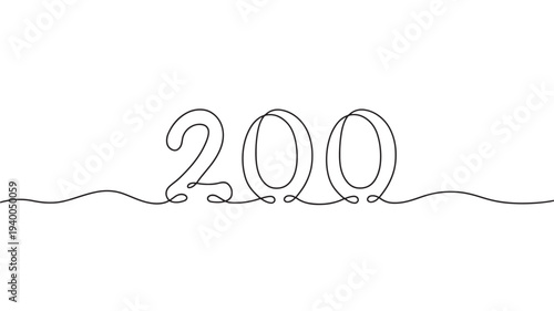 Number 200 text created with a continuous black line drawing on a white background. featuring typography, graphic, design with numeral and symbol