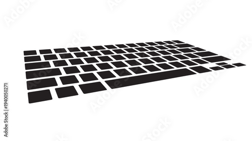 Keyboard keys in perspective with a black color scheme, representing digital input devices for computers and technology.