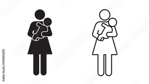 Mother holding a baby icon in black solid and outline styles, symbolizing family, parenting, and care.
