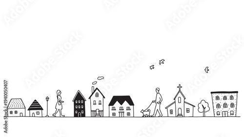 Houses and buildings line a street with people walking dogs and birds flying overhead, in a simple hand-drawn style