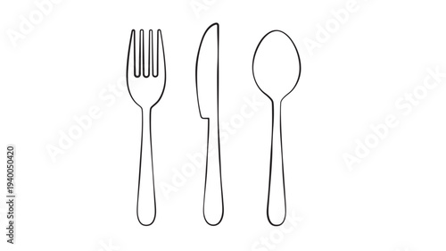 Fork knife and spoon line art set with simple clean outlines on a white background representing dining and eating utensils.