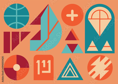 Diverse colorful geometric elements such as spheres with grid lines and nested triangles are organized in a grid formation on a peach field.