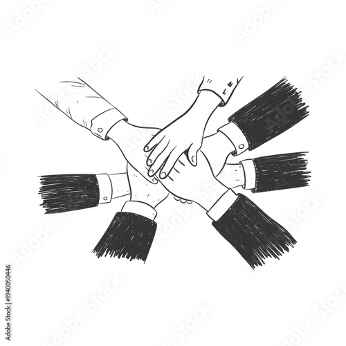 A high-quality sketch-style vector illustration showing a diverse team placing their hands together. This image represents unity, teamwork, and business collaboration.