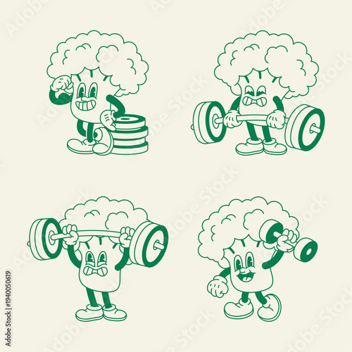 Set of four vintage rubber hose broccoli mascots in weightlifting fitness poses: lifting barbell, holding dumbbell, posing with weight plates.