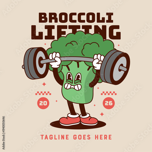 Vintage rubber hose broccoli mascot performing overhead press with heavy barbell, strained facial expression. Full color retro fitness vegetable with stars.