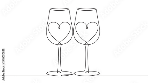 Wine glasses with connected hearts drawn in single line art on a white background for a romantic celebration.