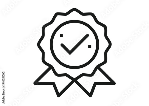 A solitary black outline icon showing a circular scalloped certification seal with a checkmark in the center and two ribbon tails extending downwards on a white background.
