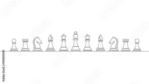 Chess pieces arranged in a line, including pawns, rooks, knights, bishops, queen, and king, depicted as a continuous black line drawing.