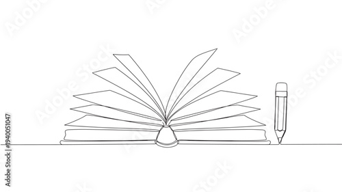 Open book with pages fanning out and a pencil drawing on a blank white background, minimalist line art style.