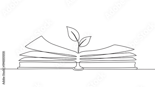 Book with a seedling growing from its pages, symbolizing knowledge growth and learning featuring plant, education, development with wisdom and new
