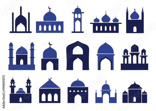 Fifteen dark blue solid silhouette icons of different mosque designs and Islamic architectural structures arranged in a grid of three rows and five columns on white.