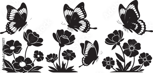 Black butterflies and flowers on white background illustration design